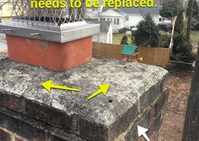 Chimney crown is damaged and drip edge needs repair, as indicated by text and arrows on the image.