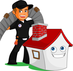 Cartoon worker cleaning a smiling house chimney with a vacuum hose, both characters are smiling, highlighting the importance of chimney relining for safety.