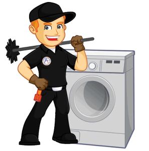 Cartoon repairman in black uniform stands by a washing machine, holding a wrench and tool, ready for repairs and dryer vent cleaning.