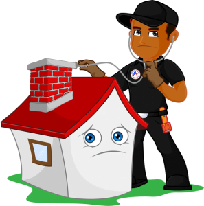 A cartoon repairman listens intently to a small house with a stethoscope, its expression worried as if anticipating chimney and fireplace inspections.