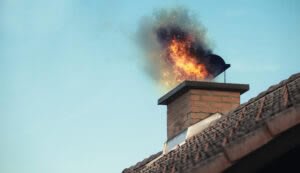 Flames and dark smoke billowed from the chimney on the rooftop of the Knowledge Center, contrasting against a clear blue sky.