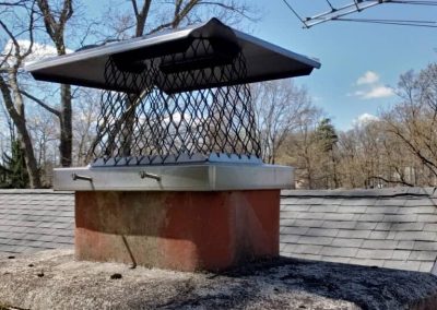 Chimney with a metal cap and mesh screen on a brick wall, surrounded by tree branches under a clear blue sky.
