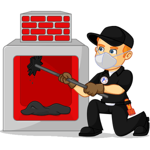 Bernie A cartoon chimney sweep wearing a mask efficiently tackles chimney and fireplace cleaning, maneuvering a brush through red bricks and soot.
