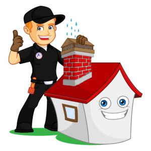 Cartoon chimney sweep giving a thumbs up beside a smiling house with a red roof and brick chimney.