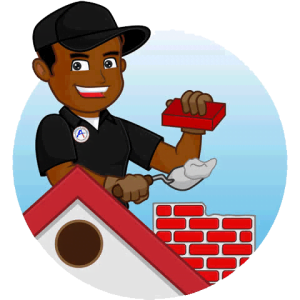 Cartoon of a smiling builder laying bricks on a wall, holding a trowel and a red brick, proudly building for America One Chimney.