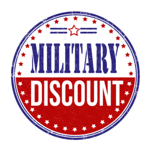 Round badge with "MILITARY DISCOUNT" in bold, red, white, and blue, with star accents and shadow effect.