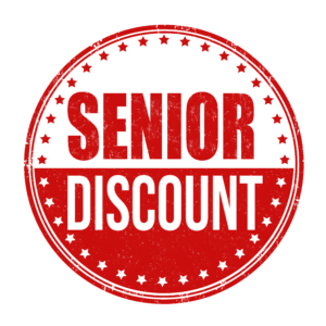 Red circular badge with "Senior Discount" text and white stars around the bottom half.