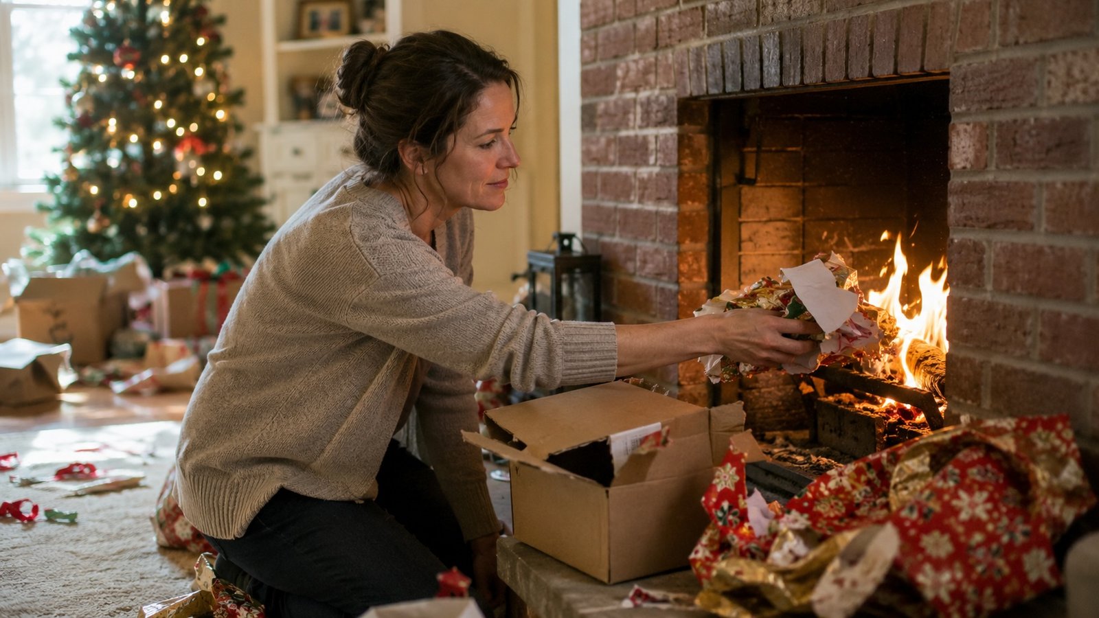 Woman adding wrapping paper to a fireplace filled with seasoned firewood, with a Christmas tree and unwrapped gifts in the background.