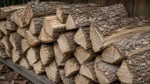 Stacked seasoned firewood logs with rough bark, neatly arranged outdoors against a wooden wall.