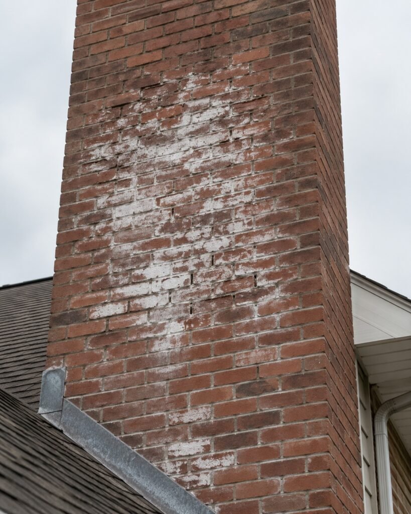 White efflorescence staining bleeding through the brick of a residential chimney above the roofline