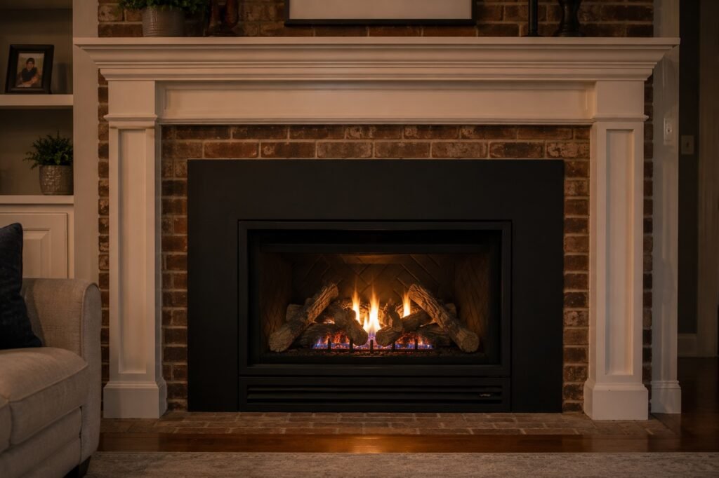 Direct-vent gas fireplace insert with a sealed glass front and blower grille installed in an existing masonry fireplace opening