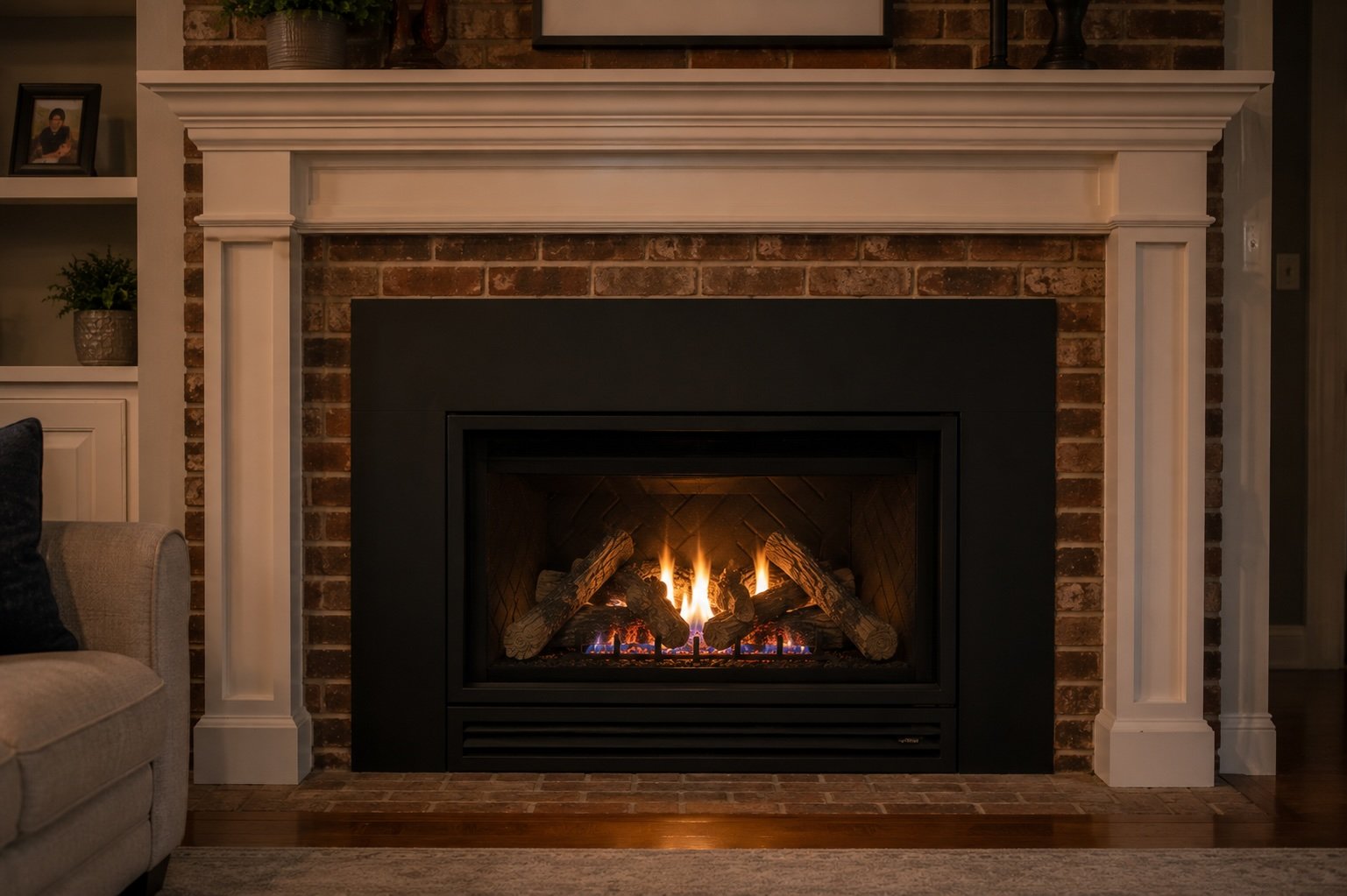 Direct-vent gas fireplace insert with a sealed glass front and blower grille installed in an existing masonry fireplace opening