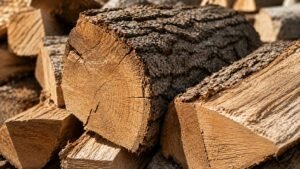 Stacked seasoned firewood logs showing rough bark and visible growth rings on the cut surfaces.