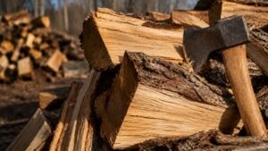Chopped, seasoned firewood stacked outdoors with an axe embedded in one of the logs.