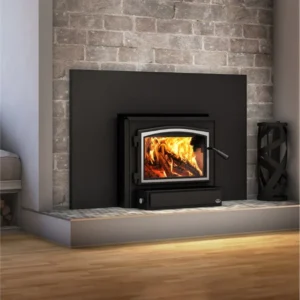 A wood-burning fireplace with flames, set in a modern living room with a brick wall and tile hearth, offers the warmth and efficiency you’d expect from an EPA 2020 wood stove.