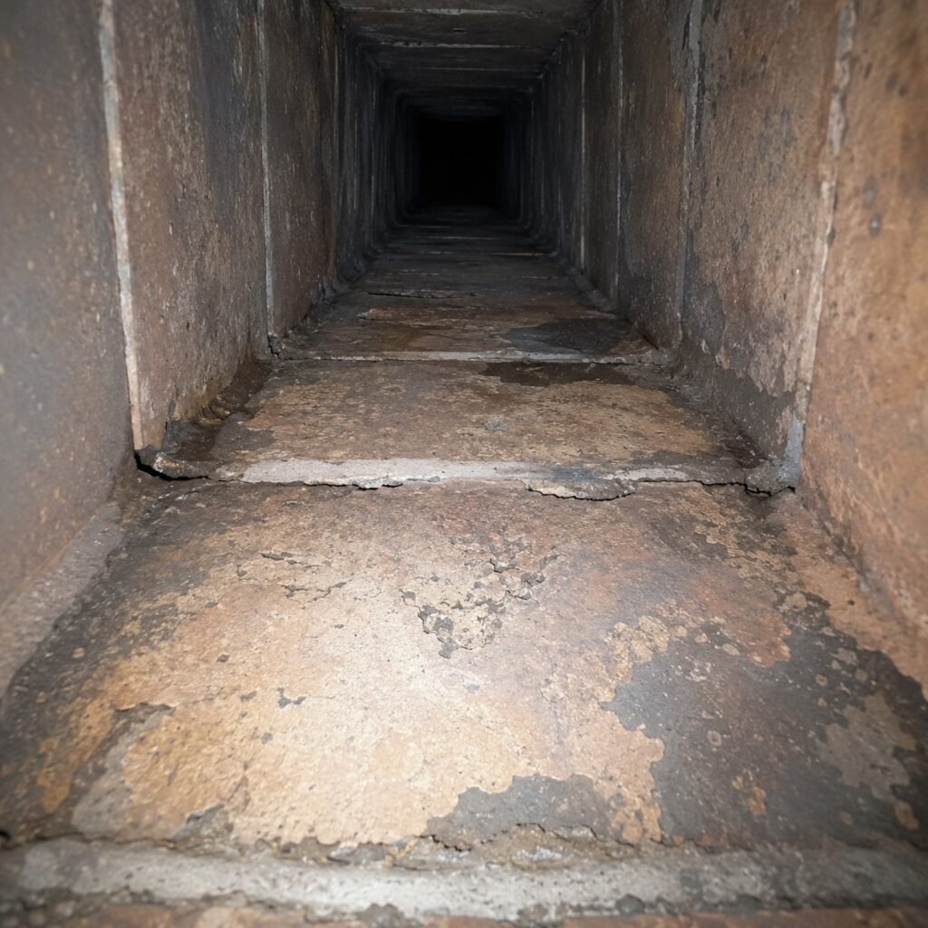Chimney camera view up a clay tile flue showing spalled tile faces, damp staining and washed-out mortar joints