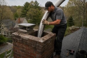 A man installs a metal liner into a brick chimney on a roof, preparing it for an EPA 2020 wood stove, with trees and houses visible in the background.
