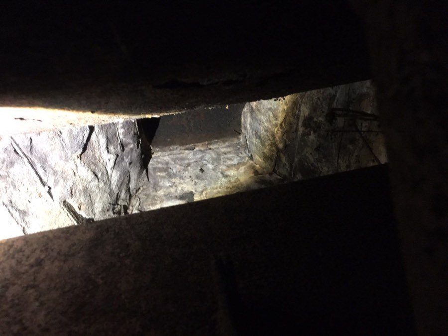 View up through a fireplace damper into the smoke chamber