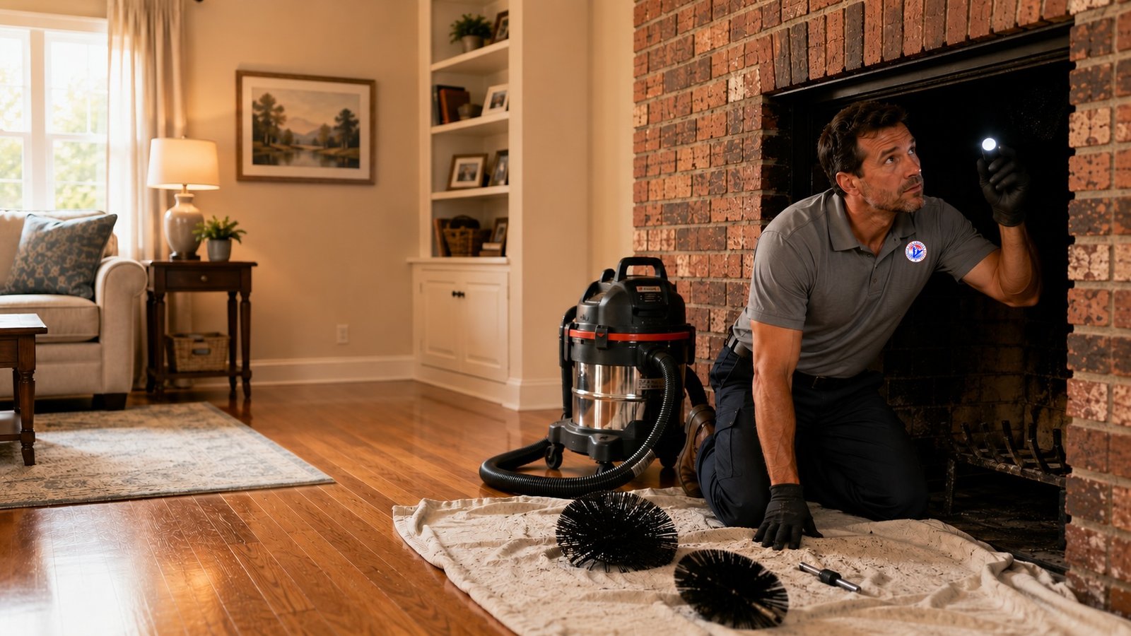 fireplace-flue-inspection-chimney-inspection A man inspects a fireplace with a flashlight; chimney brushes and a vacuum are nearby on a drop cloth.